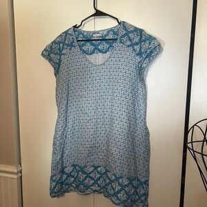 Lola Australia Dress Women's Large/XL Blue White 100% Cotton Short Sleeve Lined